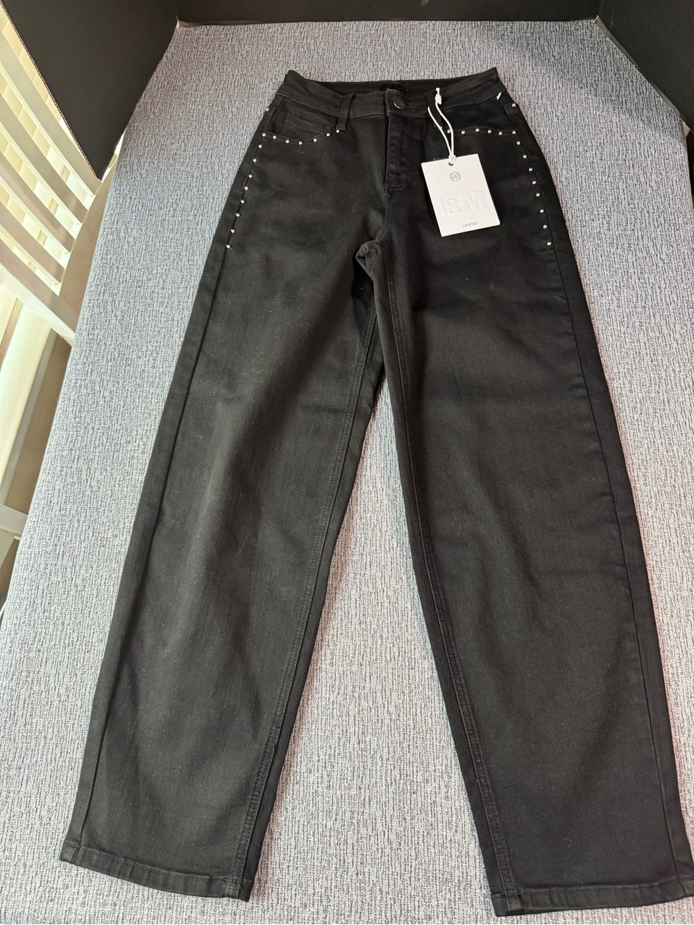 I&M High Rise Black Barrel Studded Jeans